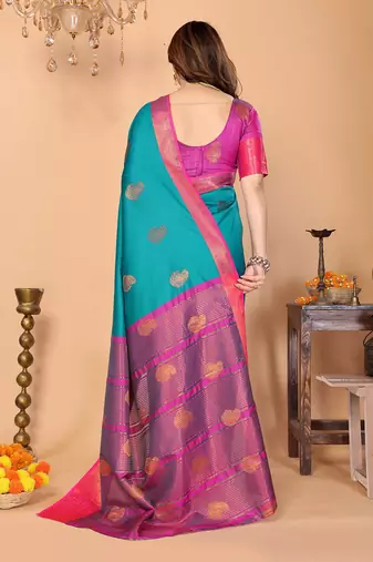 Green pink silk blend woven zari work saree with blouse