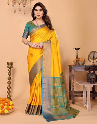 Yellow silk blend woven zari work saree with blouse 1