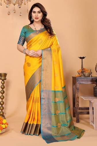 Yellow silk blend woven zari work saree with blouse