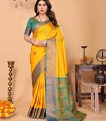 Yellow silk blend woven zari work saree with blouse