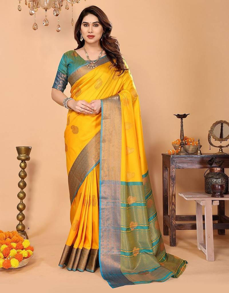 Yellow silk blend woven zari work saree with blouse