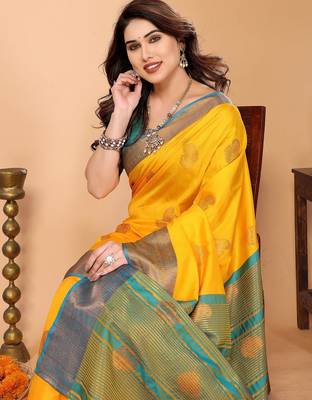 Yellow silk blend woven zari work saree with blouse 2