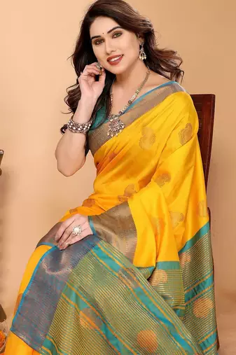 Yellow silk blend woven zari work saree with blouse