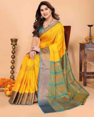 Yellow silk blend woven zari work saree with blouse 3