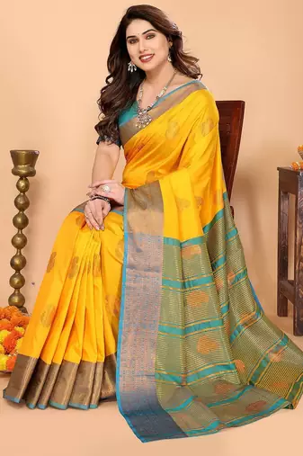 Yellow silk blend woven zari work saree with blouse