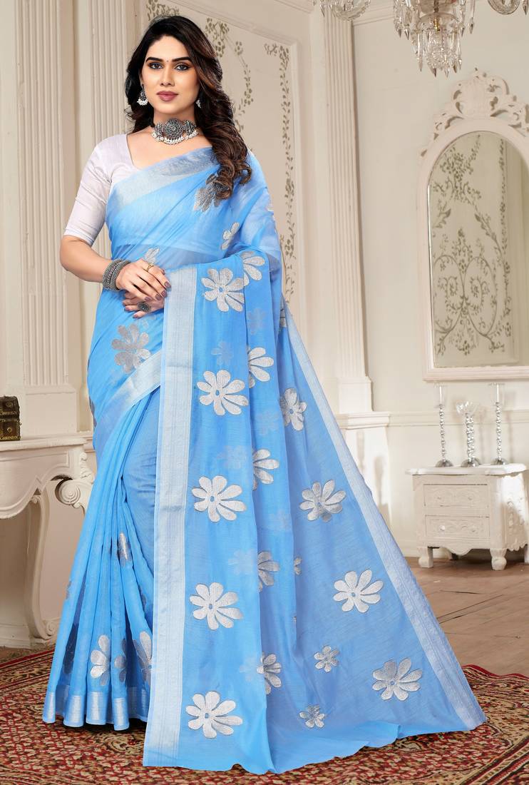 Light blue chanderi  zari work saree with blouse