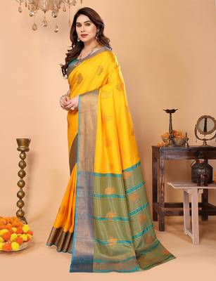 Yellow silk blend woven zari work saree with blouse 4