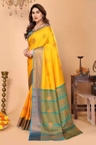 Yellow silk blend woven zari work saree with blouse