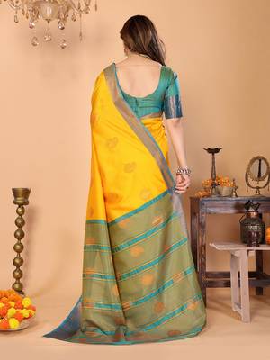 Yellow silk blend woven zari work saree with blouse 5