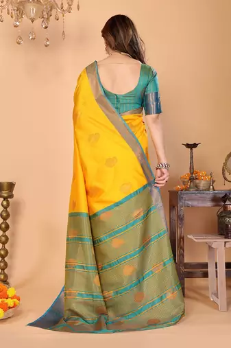 Yellow silk blend woven zari work saree with blouse