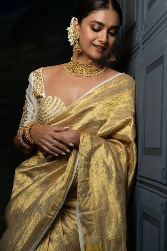 Gold silk blend woven zari work saree with blouse