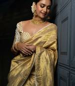 Gold silk blend woven zari work saree with blouse