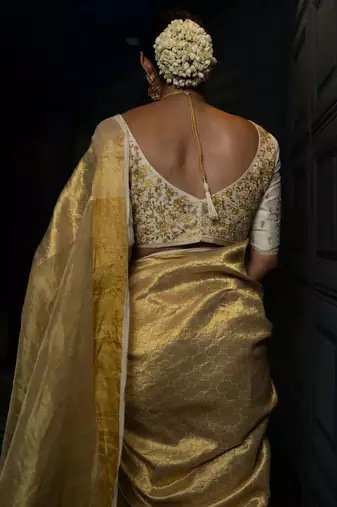 Gold silk blend woven zari work saree with blouse