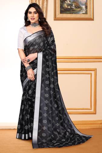 Black chanderi printed zari work saree with blouse