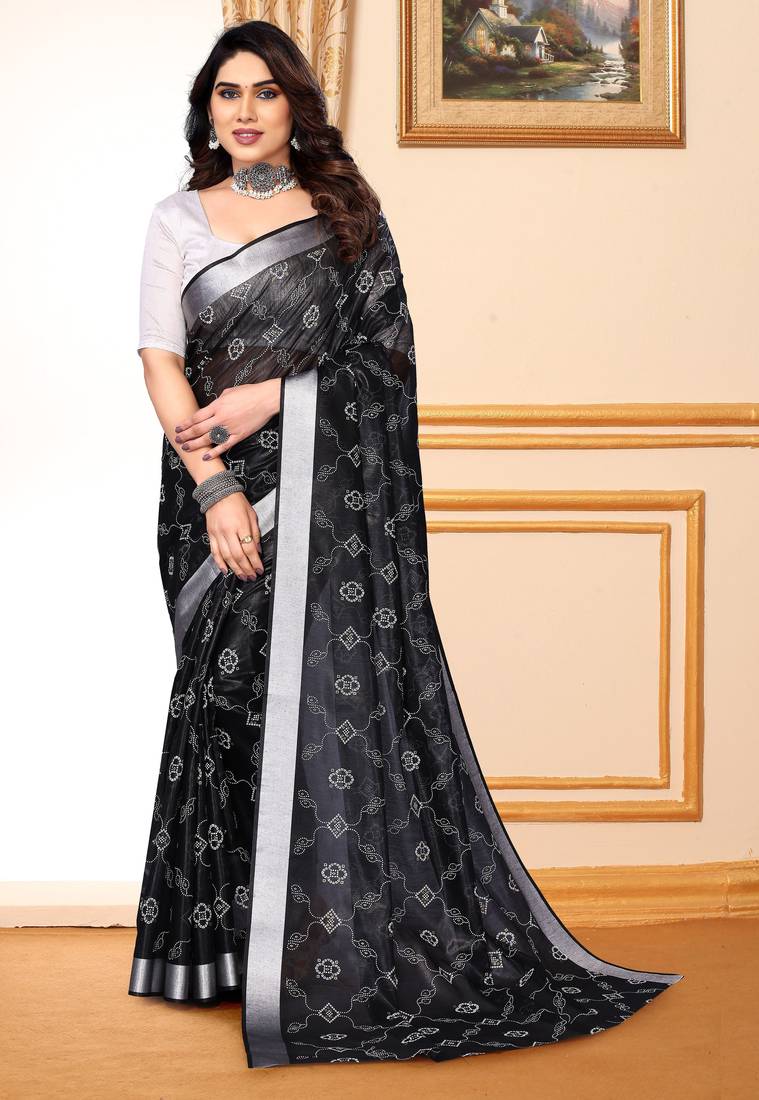 Black chanderi printed zari work saree with blouse