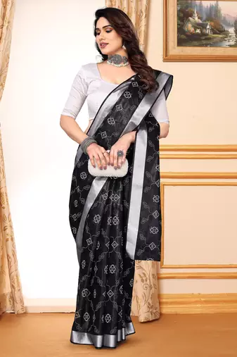 Black chanderi printed zari work saree with blouse