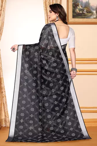 Black chanderi printed zari work saree with blouse