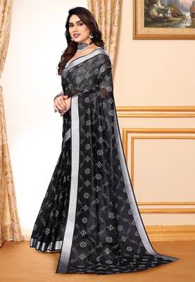 Black chanderi printed zari work saree with blouse 4