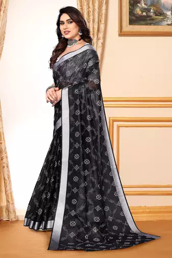 Black chanderi printed zari work saree with blouse