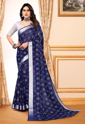 Blue chanderi printed zari work saree with blouse 1