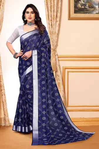 Blue chanderi printed zari work saree with blouse