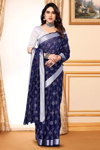 Blue chanderi printed zari work saree with blouse