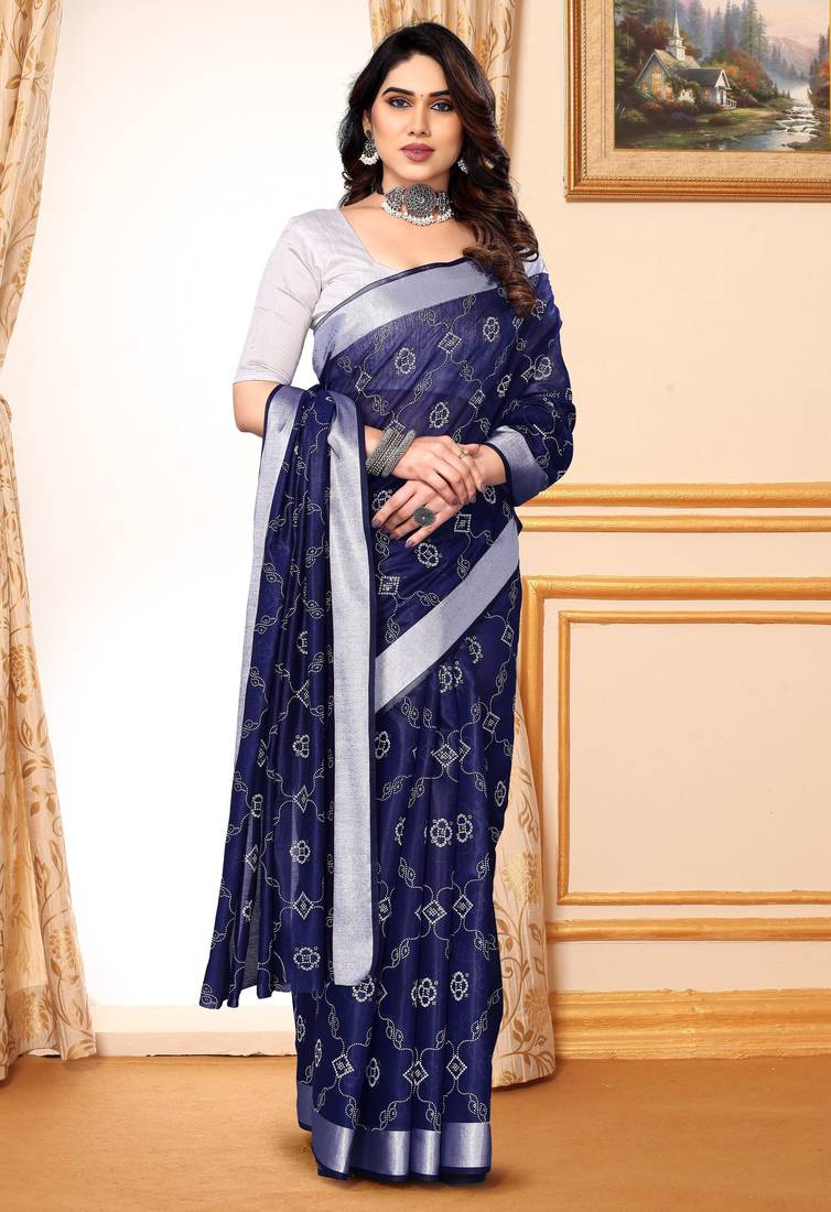 Blue chanderi printed zari work saree with blouse