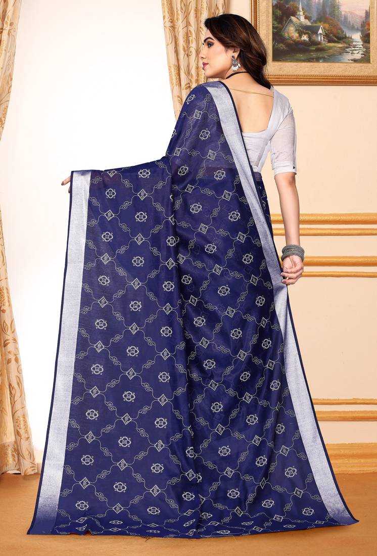 Blue chanderi printed zari work saree with blouse