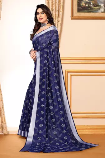 Blue chanderi printed zari work saree with blouse