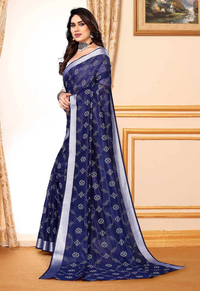 Blue chanderi printed zari work saree with blouse