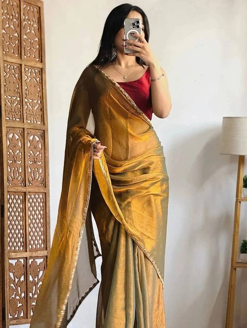 Gold pure silk woven zari work saree with blouse