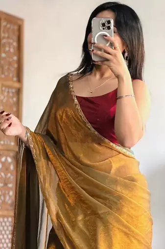Gold pure silk woven zari work saree with blouse