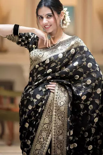 Black gold silk blend woven zari work saree with blouse