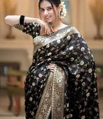 Black gold silk blend woven zari work saree with blouse