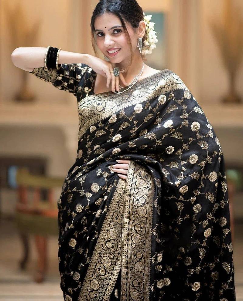 Black gold silk blend woven zari work saree with blouse