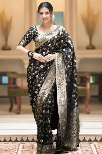 Black gold silk blend woven zari work saree with blouse