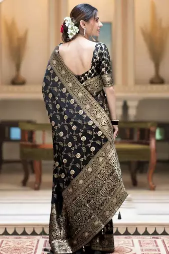 Black gold silk blend woven zari work saree with blouse