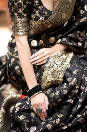 Black gold silk blend woven zari work saree with blouse