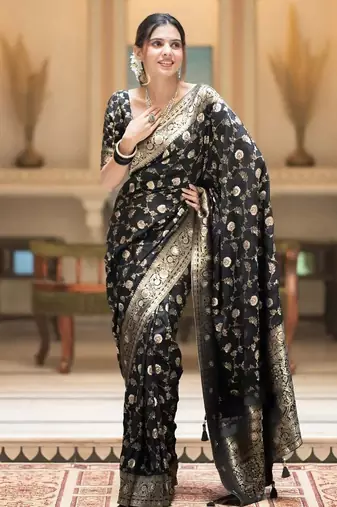 Black gold silk blend woven zari work saree with blouse