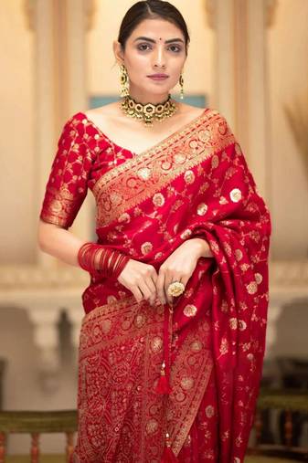 Red silk blend woven zari work saree with blouse