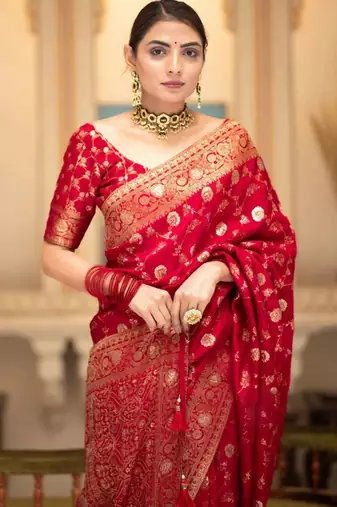 Red silk blend woven zari work saree with blouse