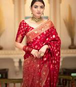 Red silk blend woven zari work saree with blouse