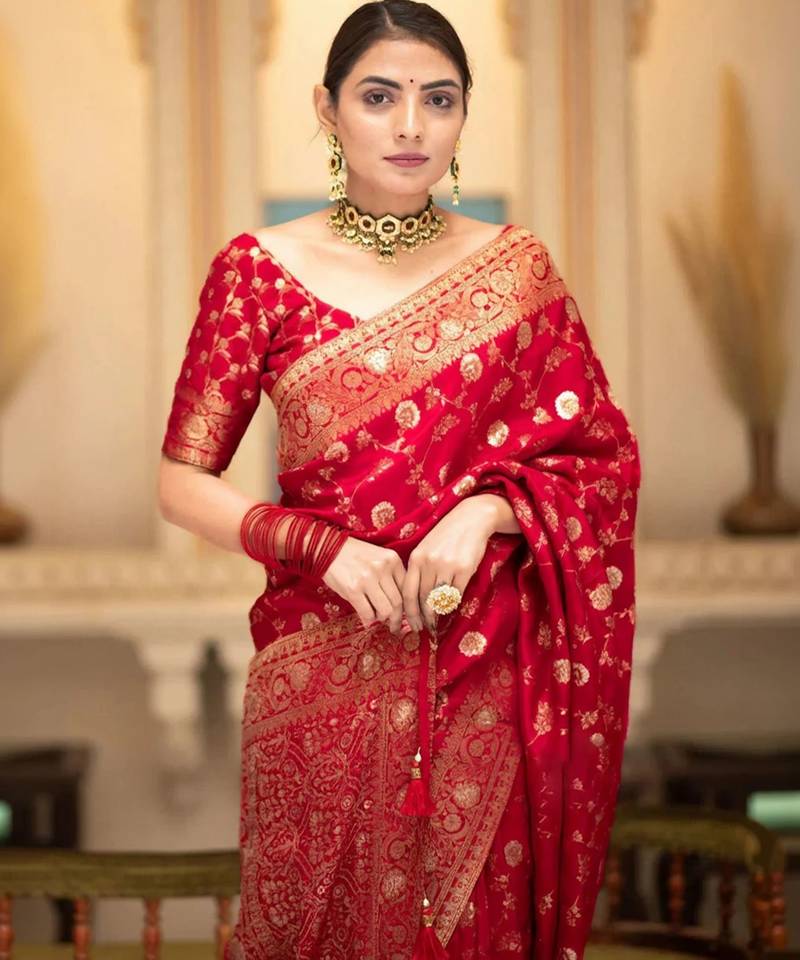 Red silk blend woven zari work saree with blouse