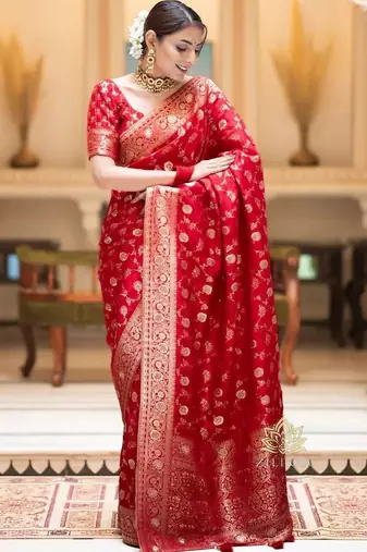 Red silk blend woven zari work saree with blouse