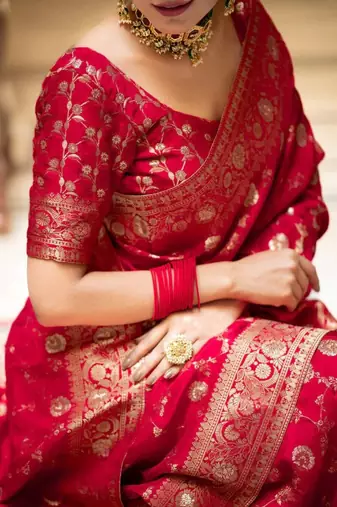 Red silk blend woven zari work saree with blouse