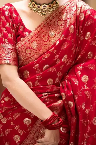 Red silk blend woven zari work saree with blouse