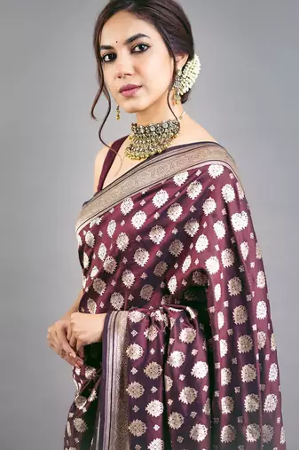 Magenta jacquard woven zari work saree with blouse