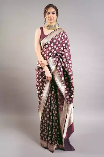 Magenta jacquard woven zari work saree with blouse