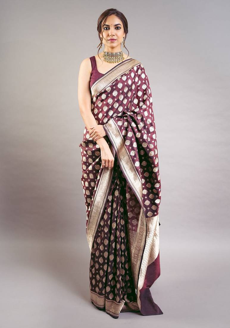 Magenta jacquard woven zari work saree with blouse