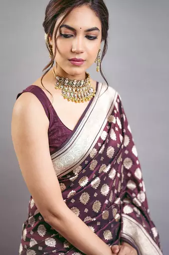 Magenta jacquard woven zari work saree with blouse